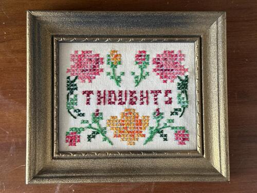 Framed Floral Cross-Stitch Sampler in Gold Tone Frame 6.5" x 5 .75"