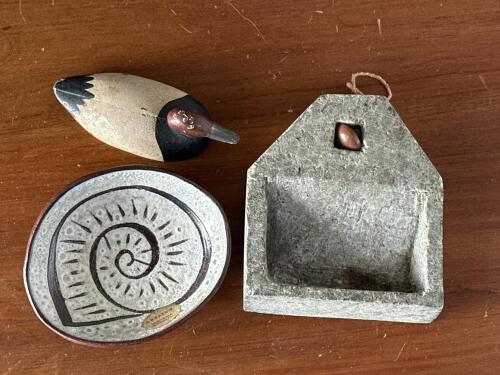 Stoneware Dish, Painted Duck Decoy, Concrete Key Holder