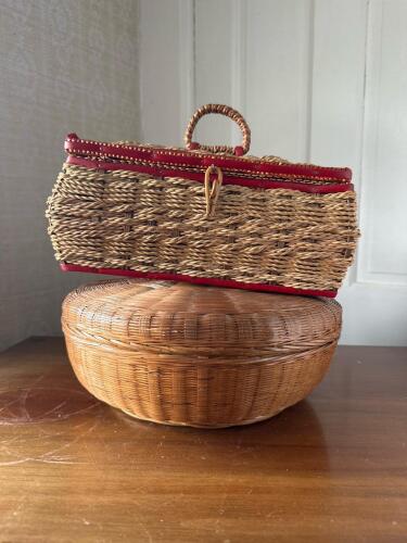 Vintage Sewing Basket and Round Wicker Basket With Contents