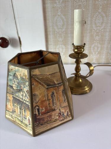 Vintage Brass Electric Candlestick Lamp With Colonial-Style Painted Shade