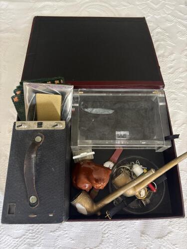 Assorted Vintage Camera, Case, Brass Pipe, Coasters, Watch, and Curios