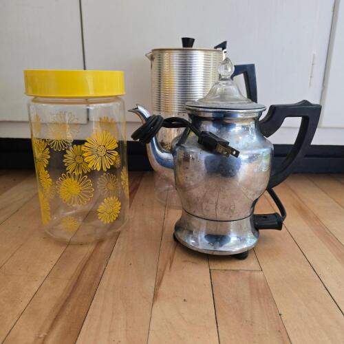 Corning Glass Canister, Universal Electric Percolator, Tin Coffee Pot