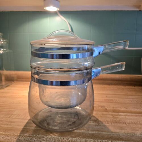 Pyrex Glass Double Boiler with Lid and Metal Bands