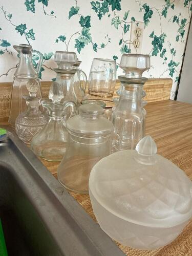 Assorted Vintage Glass Decanters, Cruets, and Apothecary Jars