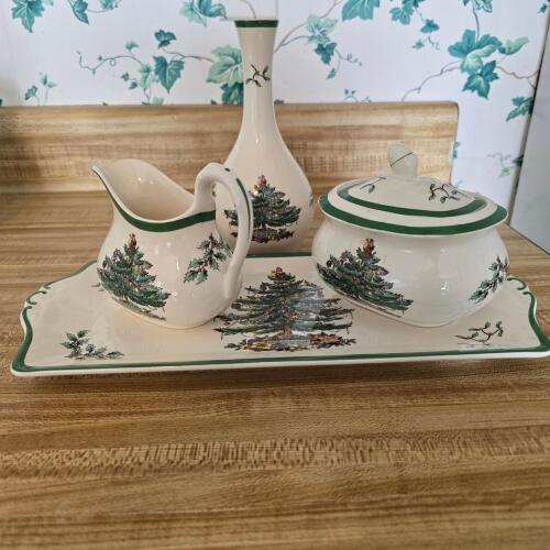 Spode Christmas Tree Ceramic Creamer, Lidded Sugar Bowl and Tray