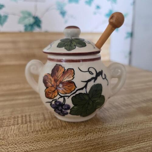 Maille Dijon Pottery Mustard Jar With Spoon, Hand-Painted Grapes