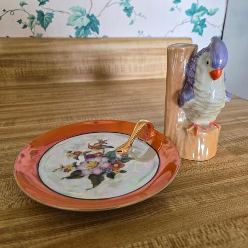 Noritake Hand Painted Lusterware Dish with Japanese Bird Vase