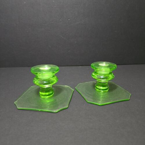 Pair of Uranium Glass Candlesticks in Art Deco Style