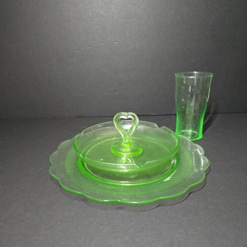 Depression Uranium Glass Tray and Tumbler in Art Deco Style