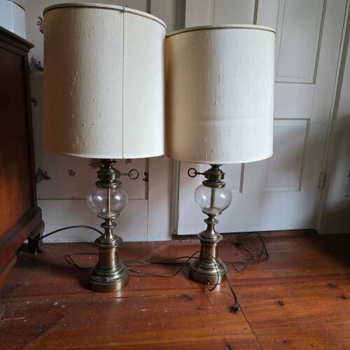 Pair of Brass and Glass Table Lamps with Drum Shades