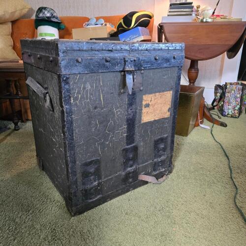 Antique Steamer Trunk With Black Finish and Striped Interior