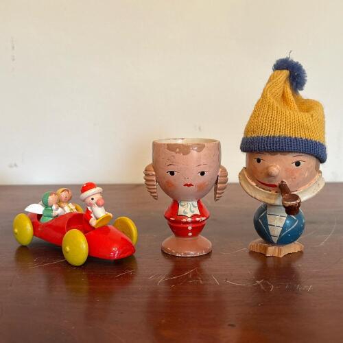 Vintage Wooden Santa Racer Car & Egg Cups