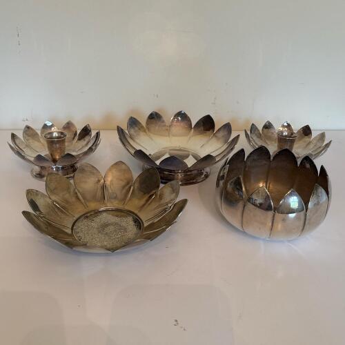 Vintage Lotus-Shaped Metal Bowls & Candle Holders