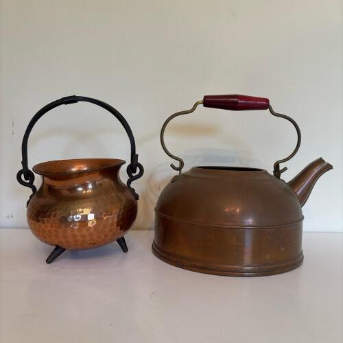 Copper-Tone Teapot and Small Cauldron