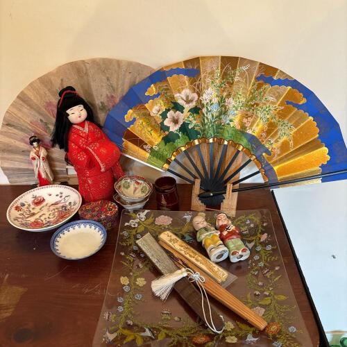 Japanese Decorative Figurines, Bowls, Fans, & Doll