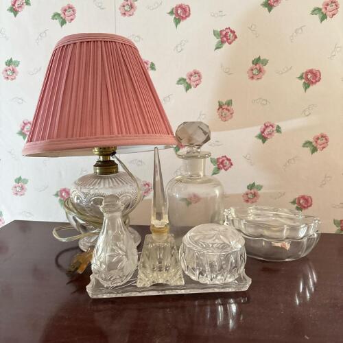 Vintage Pressed Glass Vanity Bottles, Dishes, and Lamp
