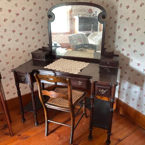 Vintage Wooden Vanity with Mirror and Cane Seat Chair