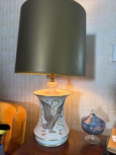 Porcelain Table Lamp With Eagle Motif and Drum Shade