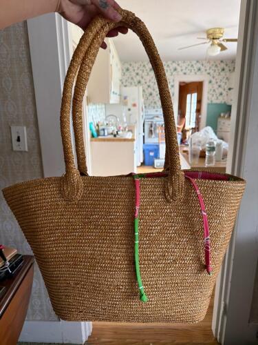 Woven Straw Tote Bag With Floral Print Lining