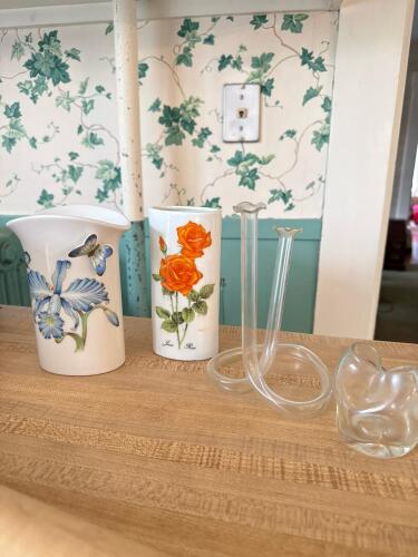 Porcelain Pitchers And Glass Bud Vases