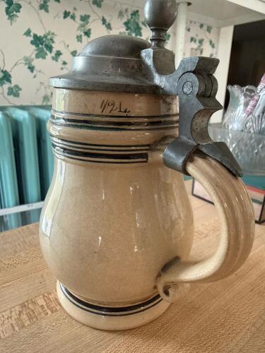 Stoneware Beer Stein With Pewter Lid, Early 20th Century-Style