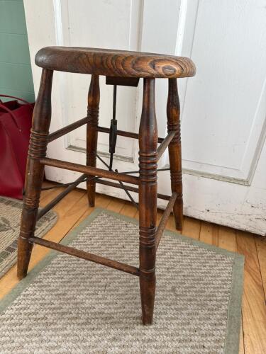 Antique Wooden Stool with Turned Legs and Iron Stretcher