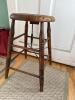 Antique Wooden Stool with Turned Legs and Iron Stretcher