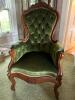 Antique 1880s Victorian Green Tufted Velvet Armchair with Carved Wood Accents