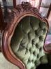 Antique 1880s Victorian Green Tufted Velvet Armchair with Carved Wood Accents - 2