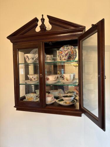 Wall-Mounted Pediment-Top China Display Cabinet with Teacups