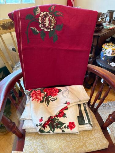 Vintage Floral Table Linens, Embroidered and Printed, with Lace Tablecloth