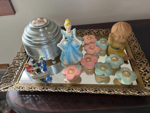 Vintage Mirrored Vanity Tray with Figurines and Knobs