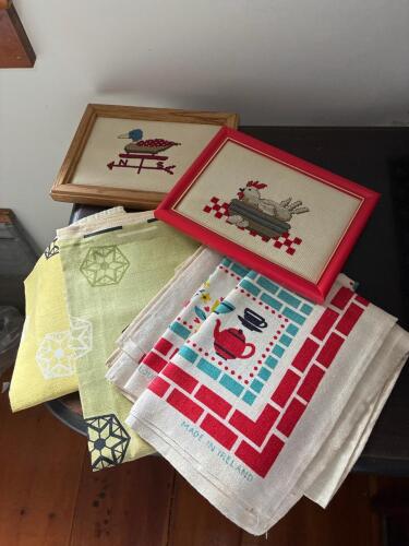 Framed Cross Stitch Embroideries and Linen Tea Towels