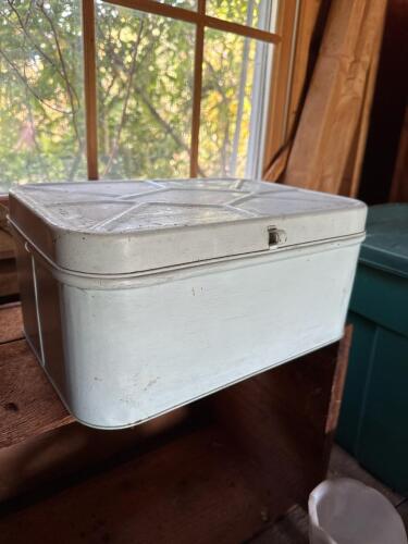 Vintage Blue Metal Lidded Bread Box with Vent and White Finish