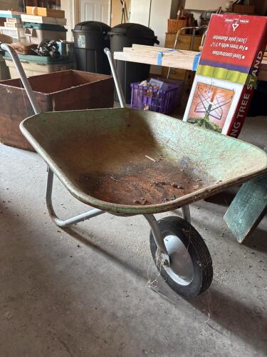Vintage Green Metal Wheelbarrow