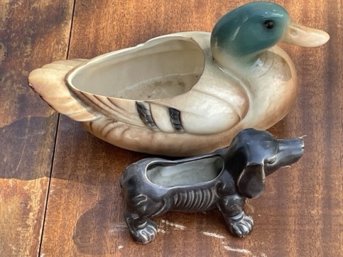 Ceramic Animal Figurine Planters: Duck and Dachshund