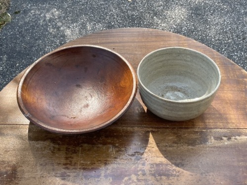Wooden Bowl and Studio Pottery Bowl
