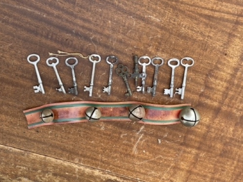 Antique Skeleton Keys and Leather Sleigh Bells Strip