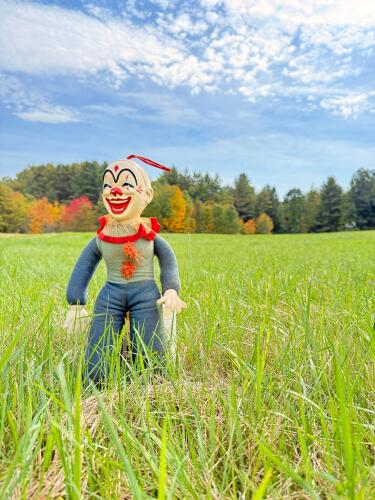 Vintage Clown Doll With Painted Plastic Face and Fabric Body