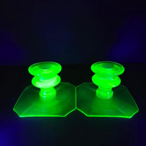 Pair of Uranium Glass Candlesticks in Art Deco Style