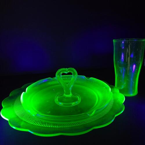 Depression Uranium Glass Tray and Tumbler in Art Deco Style
