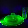 Depression Uranium Glass Tray and Tumbler in Art Deco Style