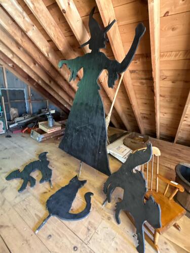 Painted Plywood Halloween Witch and Black Cat Yard Decorations