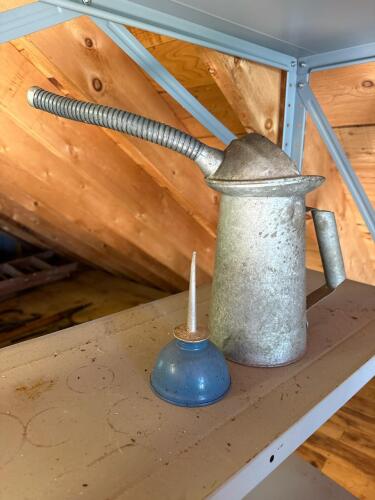 Vintage Galvanized Oil Cans with Flexible Spout and Blue Oiler