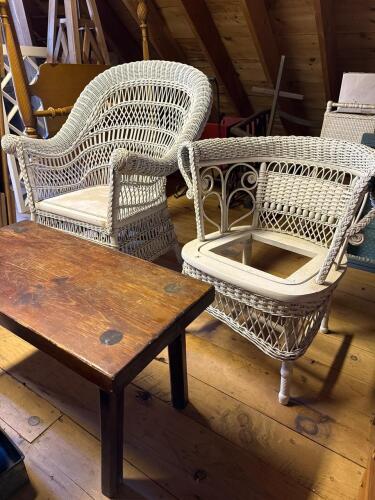 Wooden Bench and Two Wicker Chairs
