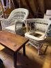 Wooden Bench and Two Wicker Chairs