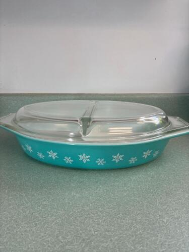 Pyrex Snowflake Blue Divided Casserole Dish With Lid