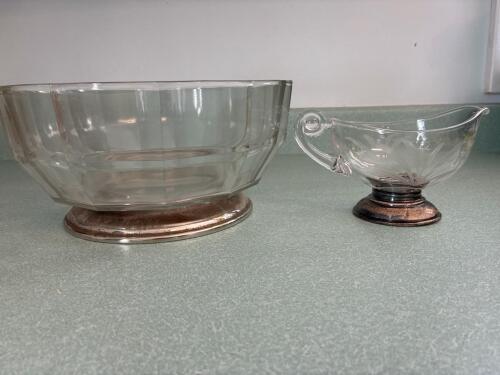 Glass Bowl and Gravy Boat with Silver-Plated Bases