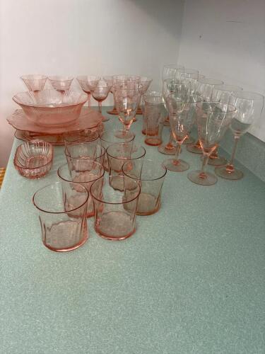 Assorted Pink Depression Glass Bowls, Plates, Glasses and Dishes