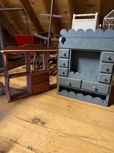 Antique Blue Painted Cabinet with Drawers & Wood Plate Rack